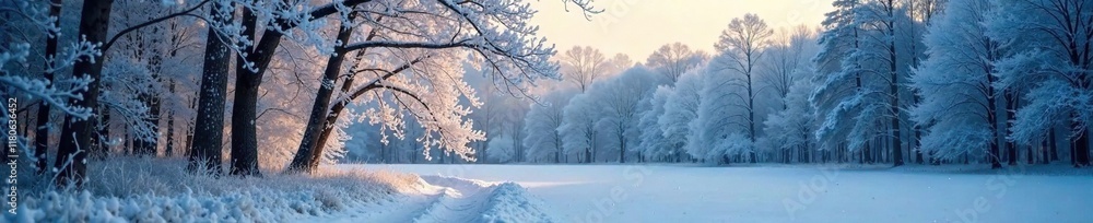 Frosty trees, snowflakes gently falling, serene silence, calmness, forest Frosty trees, snowflakes gently falling, serene silence, calmness, forest