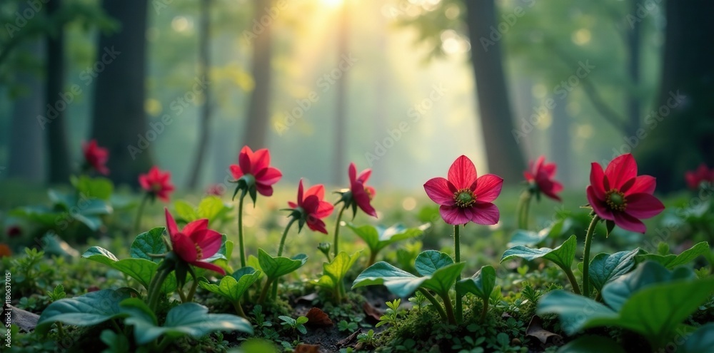 Fototapeta premium Hellebore flowers in a misty forest atmosphere, foliage, nature