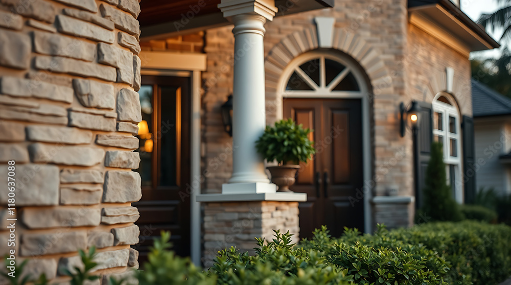 Partial view of a house's exterior, featuring stone facade, a columned entrance, a dark brown door with arched window above, and lush green landscaping. Warm lighting enhances the stone textures. Partial view of a house's exterior, featuring stone facade, a columned entrance, a dark brown door with arched window above, and lush green landscaping. Warm lighting enhances the stone textures.