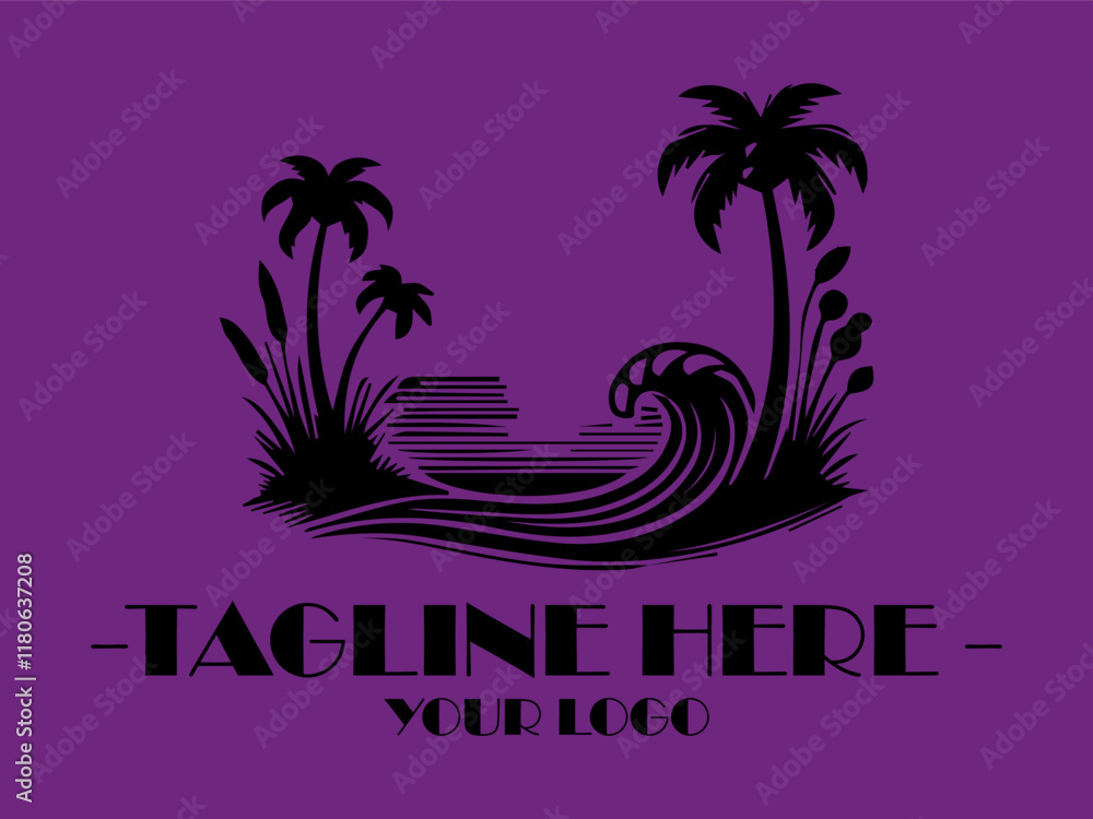 Obraz premium Black tropical scene with palms, hut, water, and moon. Perfect for background designs, travel promotional materials, or naturethemed projects and background illustration vector