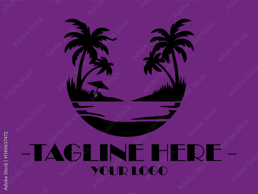 Obraz premium Black tropical scene with palms, hut, water, and moon. Perfect for background designs, travel promotional materials, or naturethemed projects and background illustration vector