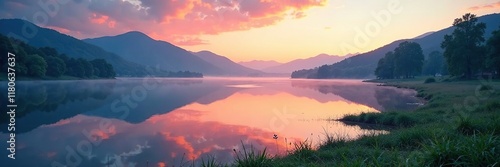 Misty dawn on the Sura River's banks with hills in the distance, serene, hills, valley