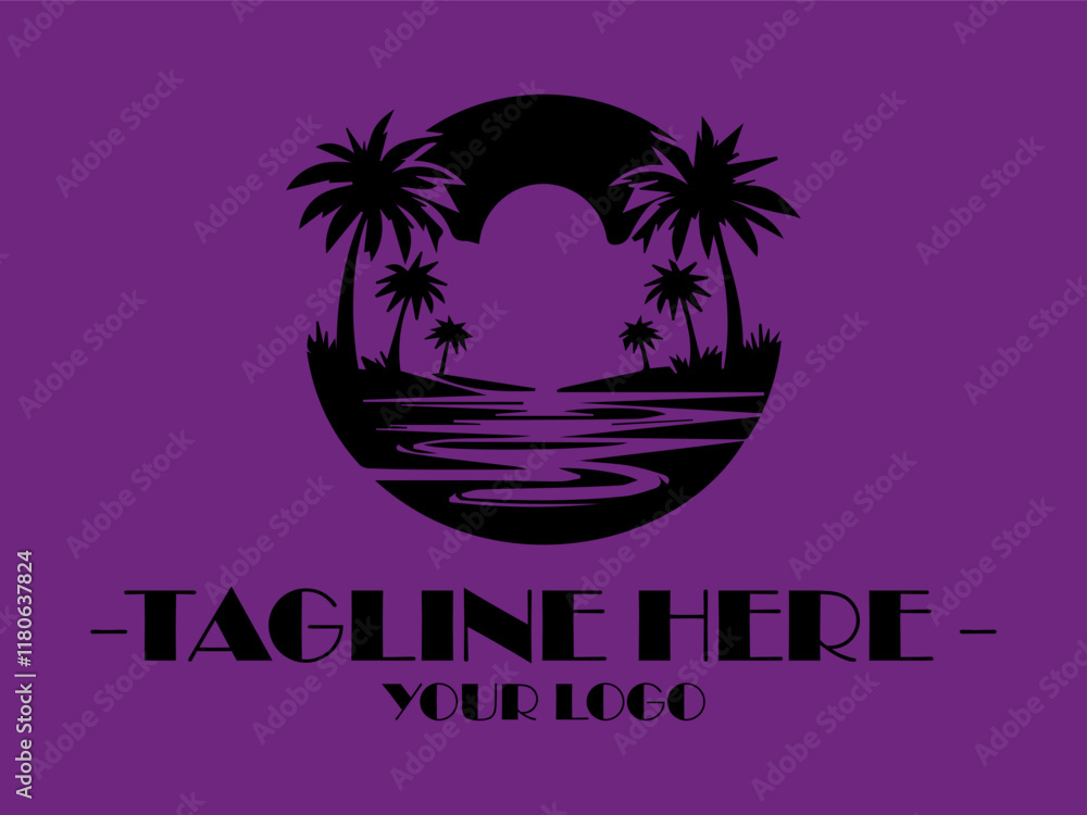 Naklejka premium Black tropical scene with palms, hut, water, and moon. Perfect for background designs, travel promotional materials, or naturethemed projects and background illustration vector