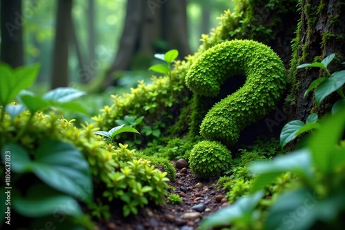 Moss-covered question mark hidden among dense undergrowth, foliage, greenery photo