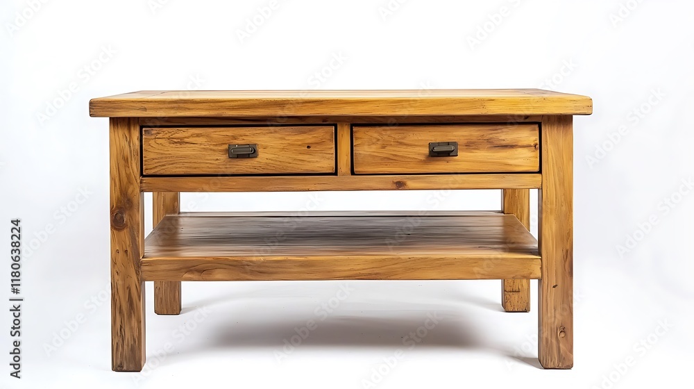 A wooden table with two drawers and a shelf A wooden table with two drawers and a shelf