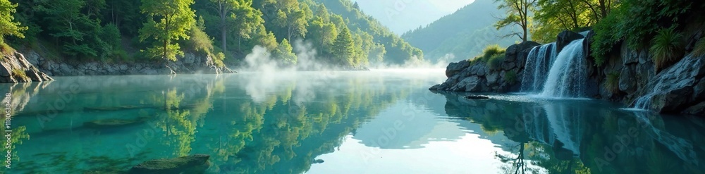 Reflections of a natural hot spring in the calm waters of a tranquil lake, serene atmosphere, relaxation, nature Reflections of a natural hot spring in the calm waters of a tranquil lake, serene atmosphere, relaxation, nature