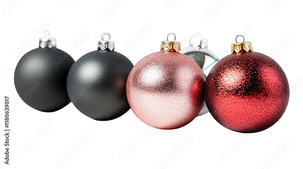 Christmas ornaments in black, red, and pink with glitter texture isolated on white background Christmas ornaments in black, red, and pink with glitter texture isolated on white background