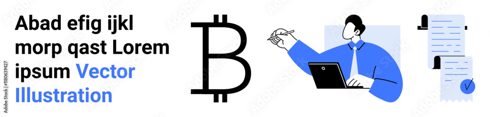 Bitcoin symbol, man working on a laptop, documents with checkmark, text in black. Ideal for financial services, cryptocurrency, business presentations, marketing, education, remote work, landing page Bitcoin symbol, man working on a laptop, documents with checkmark, text in black. Ideal for financial services, cryptocurrency, business presentations, marketing, education, remote work, landing page