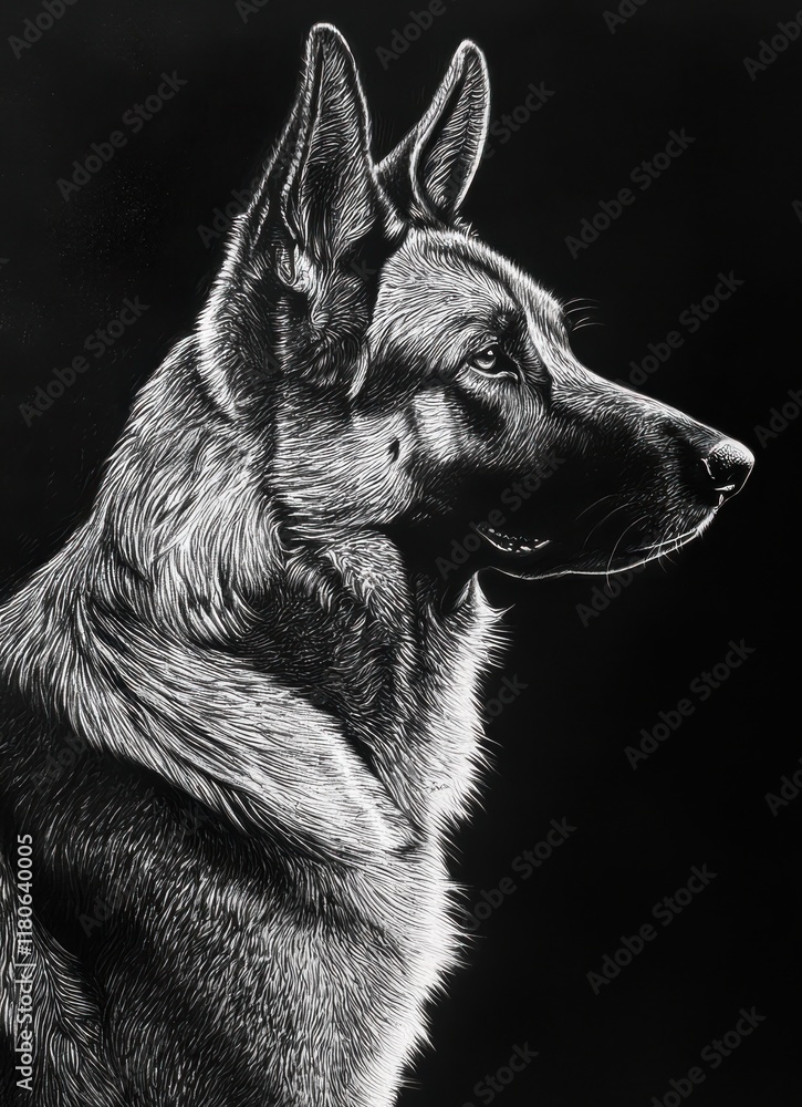 Majestic German Shepherd Dog Portrait in Striking Black and White Majestic German Shepherd Dog Portrait in Striking Black and White