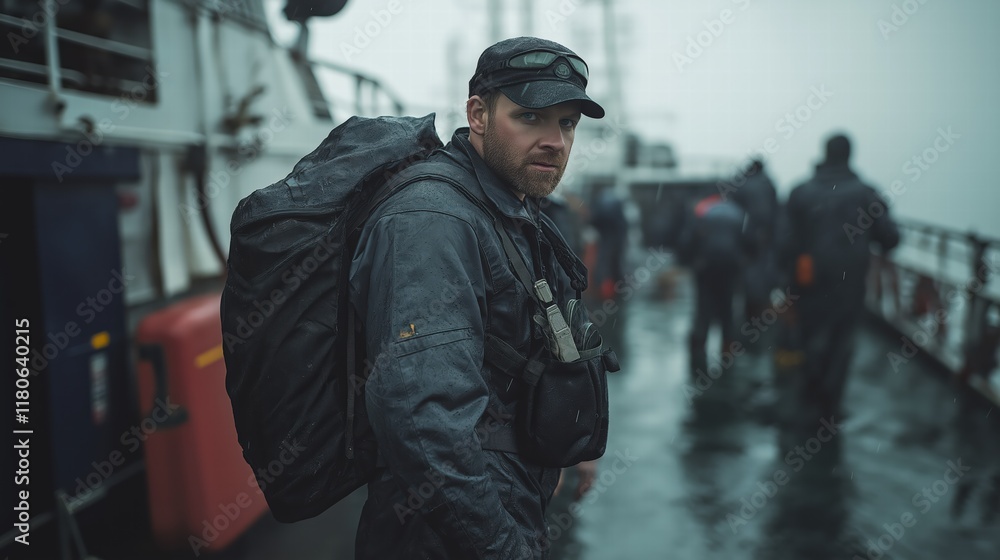 Rugged Fisherman on a Moody Ocean Deck Rugged Fisherman on a Moody Ocean Deck