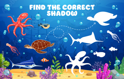 Find a correct shadow of funny sea animals. Vector underwater puzzle game for children featuring cartoon octopus, turtle, squid or fish and their silhouettes in the ocean. Worksheet for kids learning