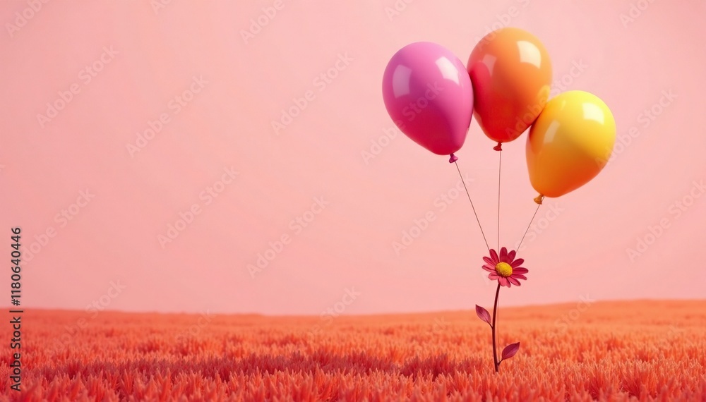 Three balloons tied to a flower stem in a field, pink, field, orange Three balloons tied to a flower stem in a field, pink, field, orange