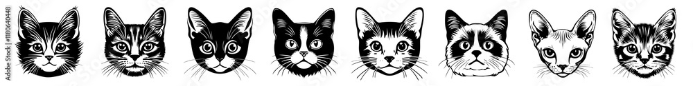 PNG Stylized cat faces illustration set, isolated on transparent background PNG Stylized cat faces illustration set, isolated on transparent background