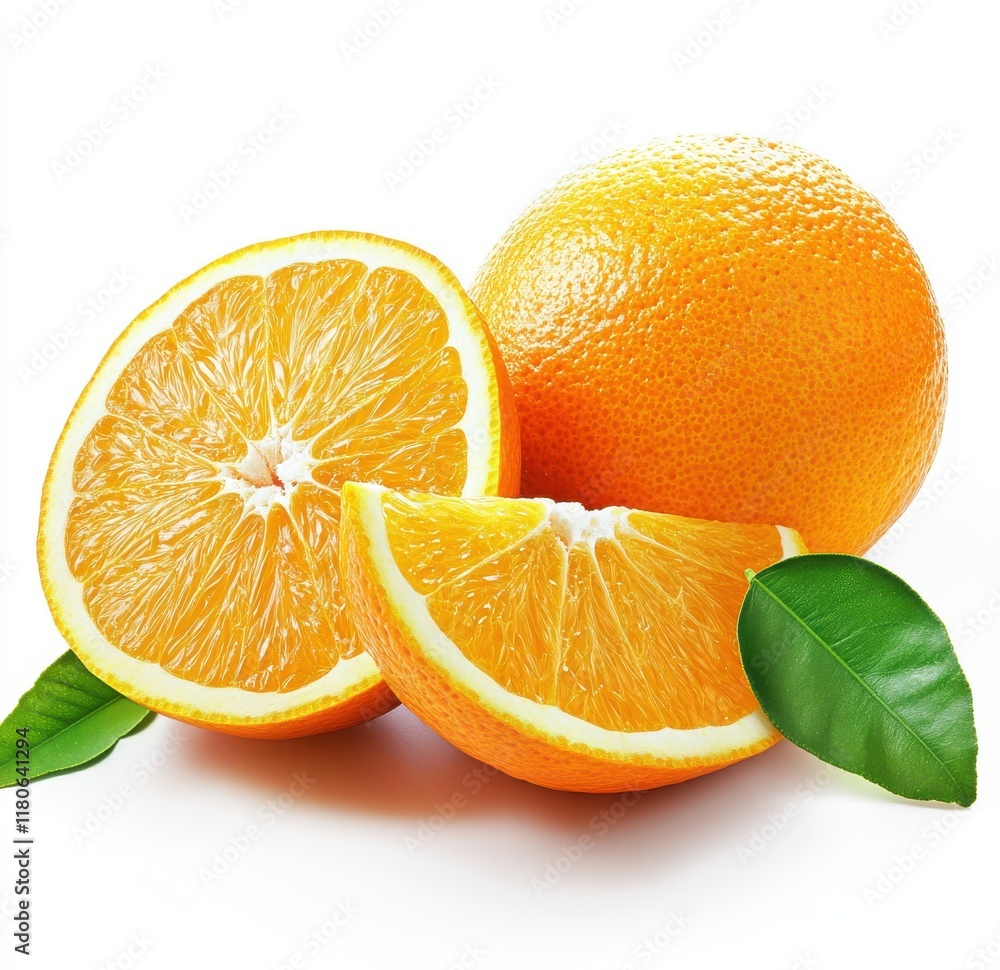 Fresh and Juicy Orange with Slices and Green Leaves Displayed Elegantly on a Light Background for Healthy Lifestyle and Culinary Use Fresh and Juicy Orange with Slices and Green Leaves Displayed Elegantly on a Light Background for Healthy Lifestyle and Culinary Use