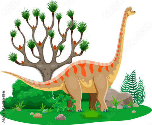 Brachiosaurus prehistoric dinosaur cartoon character. Isolated vector ancient herbivore reptile animal with a long neck and tail in natural Late Jurassic period environment with rock, tree and plants