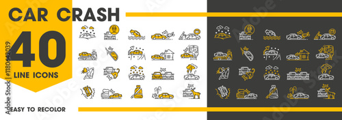 Car crash icons, traffic accident and vehicle collision or damage, vector line symbols. Automobile transport accidents icons for insurance from natural disaster, drunk driver or collision with animals