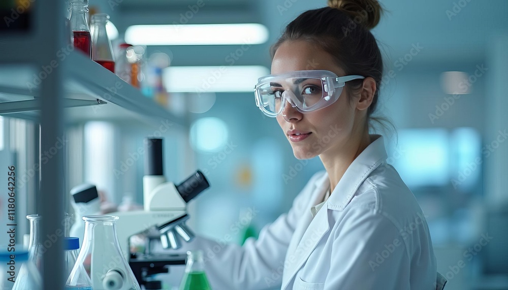 Young caucasian female scientist examining samples in a laboratory with microscope Young caucasian female scientist examining samples in a laboratory with microscope