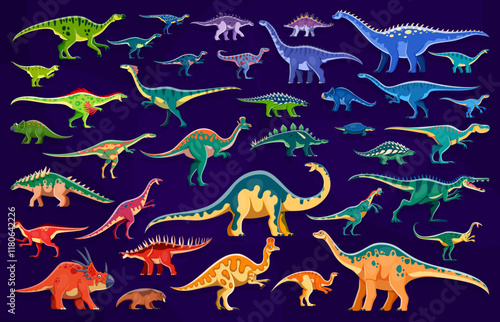 Prehistoric dinosaurs color scheme infographics. Vector set of colorful dino species, terrestrial carnivores, omnivores, herbivores creatures with vibrant colors. Ancient reptiles from Jurassic era