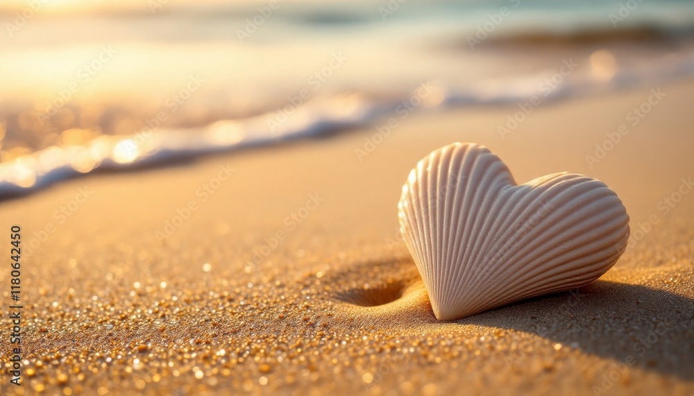 Heart-shaped seashell on sandy beach at sunset Heart-shaped seashell on sandy beach at sunset