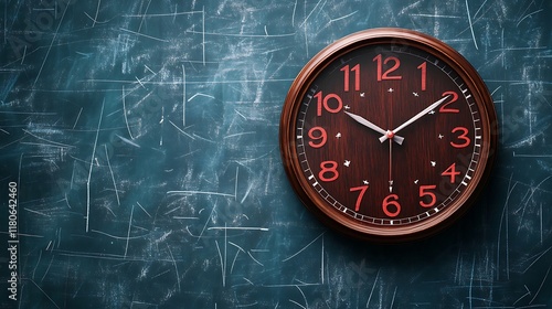 A Vintage Wall Clock Displaying Time on a Blackboard Background with Numbers and Hands Indicating Hours, Perfect for Educational or Artistic Themes photo