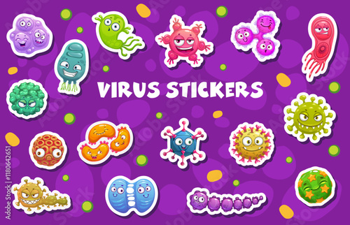 Stickers of funny bacteria, virus and germ characters with happy faces, cartoon vector. Cute bacteria disease and virus emoji stickers with funky faces and silly emoticon smiles of flu monster microbe