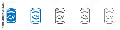 Set of 5 "canned food" icons with 1 line, 1 silhouette n 1 colored icon with 1 unexpanded vector inside -Canned food icon sheet, colorful food can vector icon design, canned food vector icon