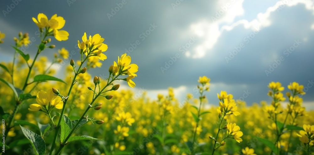 Yellow rapeseed flowers swaying gently in the breeze amidst a grey and foreboding sky, plant life, branch Yellow rapeseed flowers swaying gently in the breeze amidst a grey and foreboding sky, plant life, branch