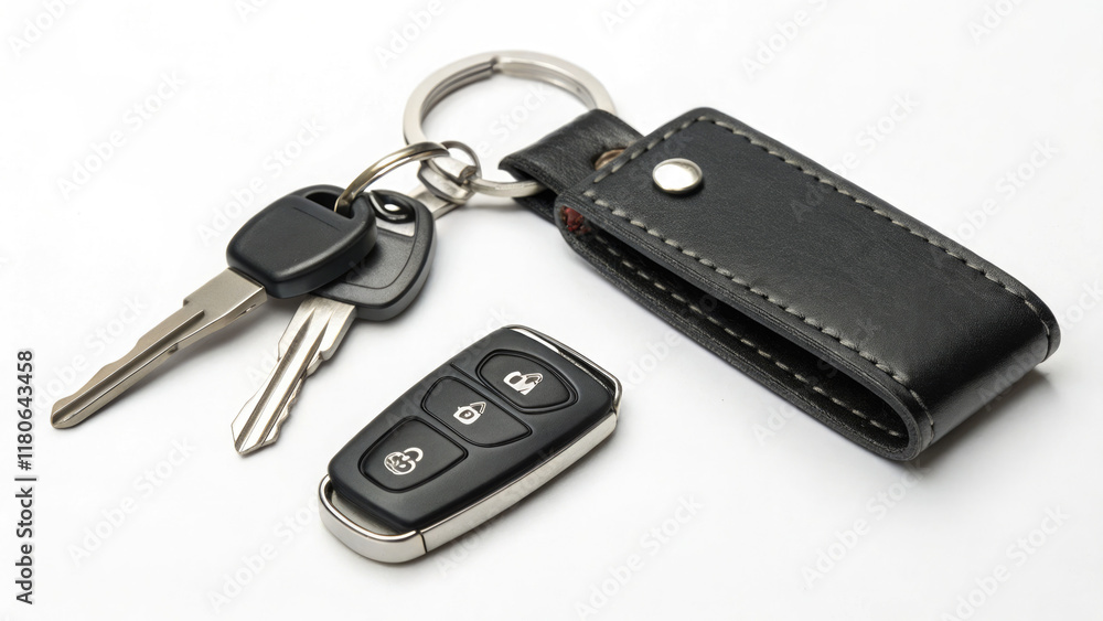 Car key with remote key fob and stylish leather key holder on a white background. This image epitomizes mobility, convenience and car ownership. Car key with remote key fob and stylish leather key holder on a white background. This image epitomizes mobility, convenience and car ownership.