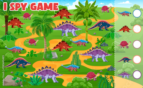 Prehistoric dinosaurs on kids I spy game worksheet, vector dino puzzle quiz. I spy game to find and match same picture of cartoon funny Jurassic dinosaurs, prehistoric lizards and reptiles in forest