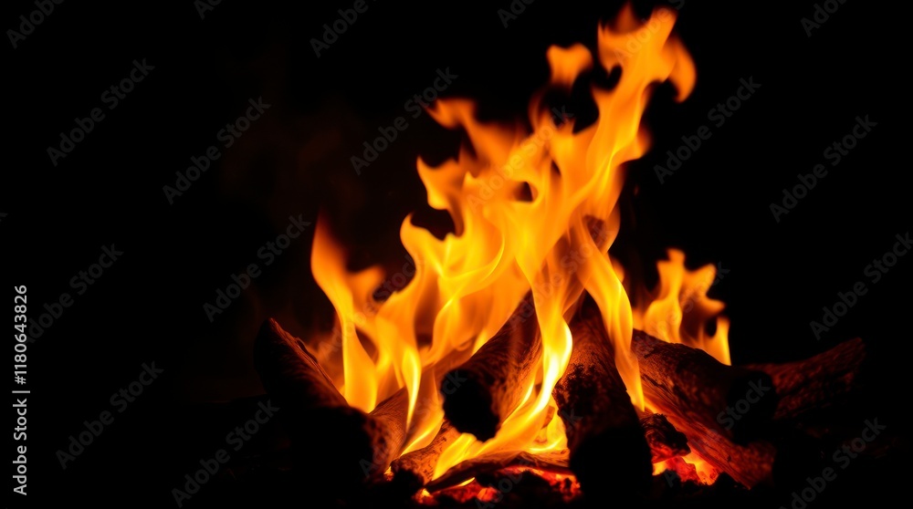 Campfire isolated on a black background in cool colors. Close-up view of burning firewood with orange and yellow flames, mystic enchanting environment, gentle color contrasts, and dreamlike atmosphere Campfire isolated on a black background in cool colors. Close-up view of burning firewood with orange and yellow flames, mystic enchanting environment, gentle color contrasts, and dreamlike atmosphere