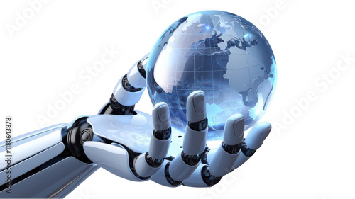 3D model of realistic glossy robot hand holding transparent globe, symbolizing technology and global connection. hand is detailed and futuristic, showcasing advanced robotics