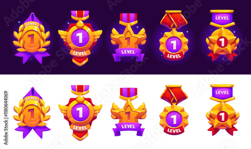 Game rank level up badge icons, victory shields asset. Cartoon vector reward, user rate trophies signify progression and achievement, victory and success in gaming. Gui pop up elements for mobile apps