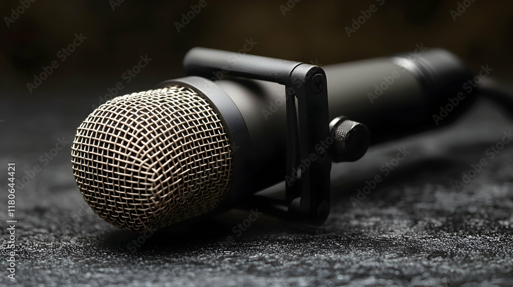 Obraz premium Studio microphone recording audio on dark surface, blurred background.