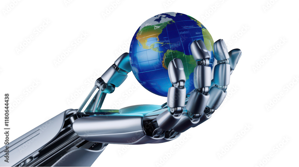 3D render of realistic glossy robot hand holding globe, symbolizing technology and sustainability. hand showcases intricate details and shiny finish, emphasizing innovation 3D render of realistic glossy robot hand holding globe, symbolizing technology and sustainability. hand showcases intricate details and shiny finish, emphasizing innovation