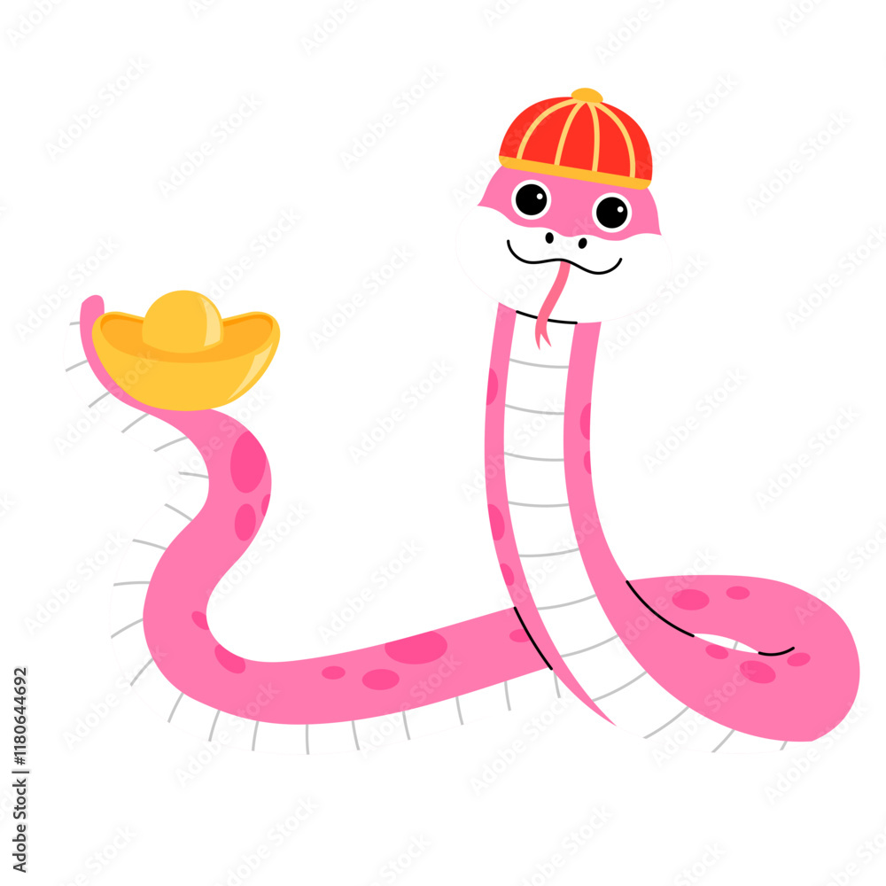 Fototapeta premium Cute Snake with Chinese Hat holding Golden Ingot Illustration