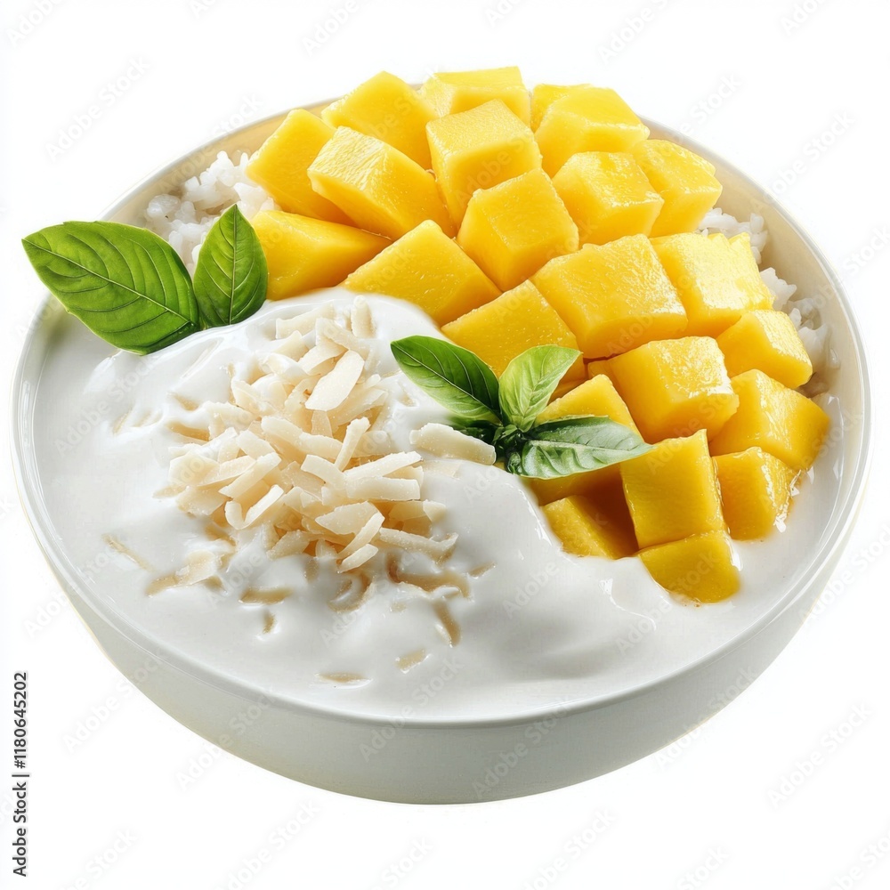 Fresh Mango Coconut Yogurt Bowl with Basil Leaves and Shredded Coconut Topping Fresh Mango Coconut Yogurt Bowl with Basil Leaves and Shredded Coconut Topping