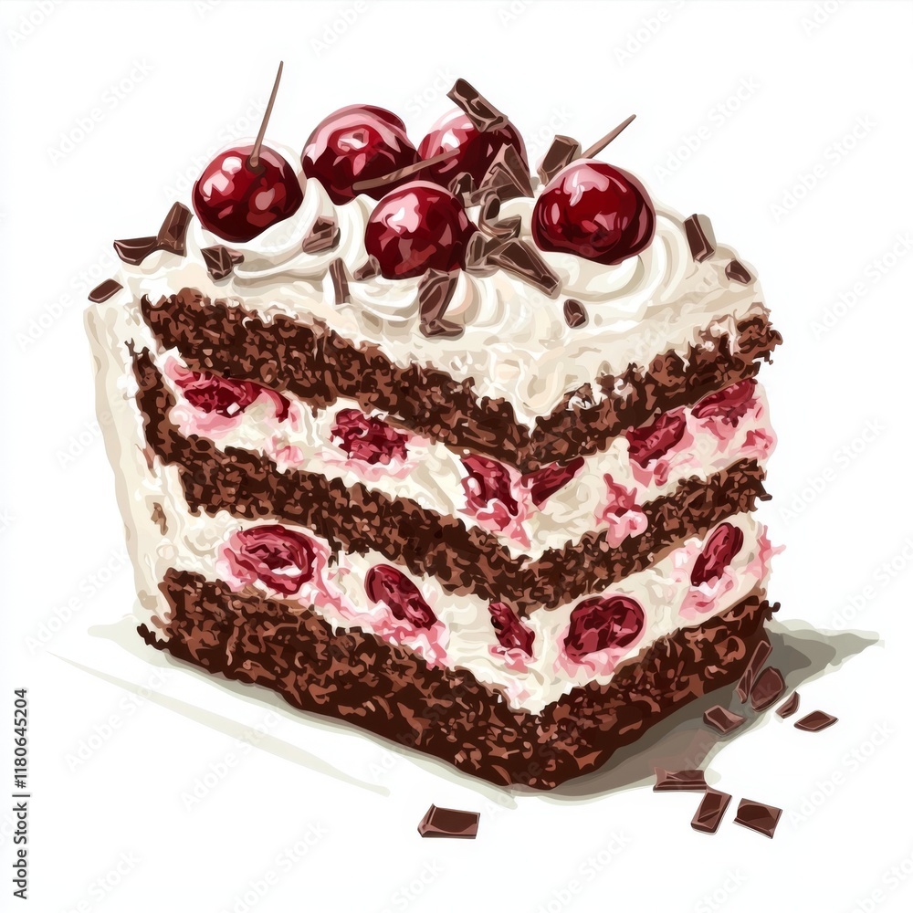 Delicious slice of chocolate cherry cake with cream and chocolate shavings, ideal for dessert lovers and culinary inspiration Delicious slice of chocolate cherry cake with cream and chocolate shavings, ideal for dessert lovers and culinary inspiration