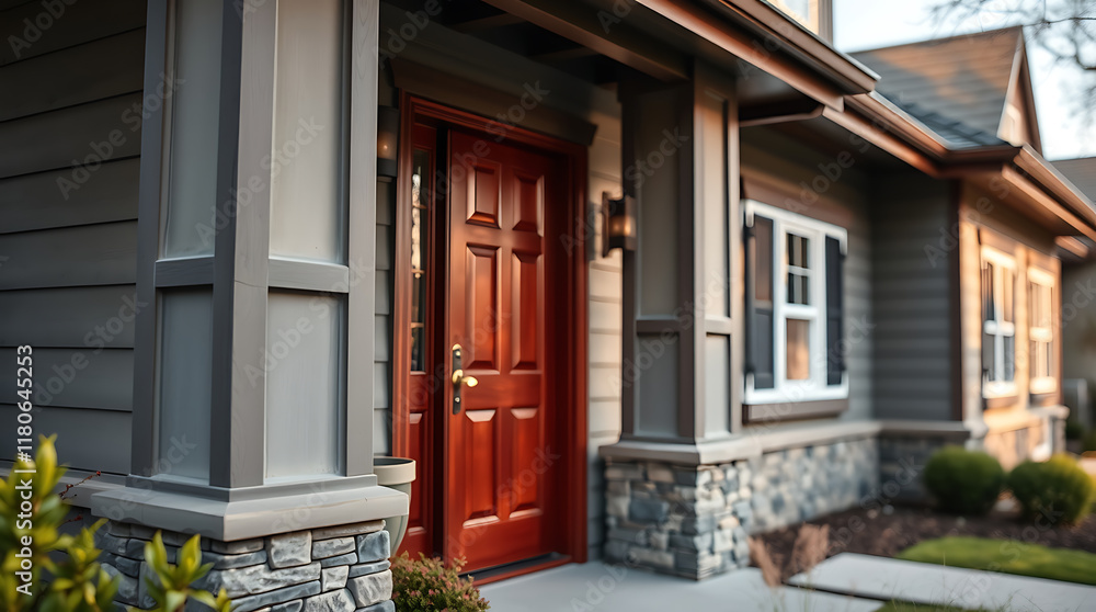 Fototapeta premium A red front door is centered in this image of a gray house's exterior. The house features stone accents at the base, and windows with black shutters. The landscaping includes shrubs and green lawn.
