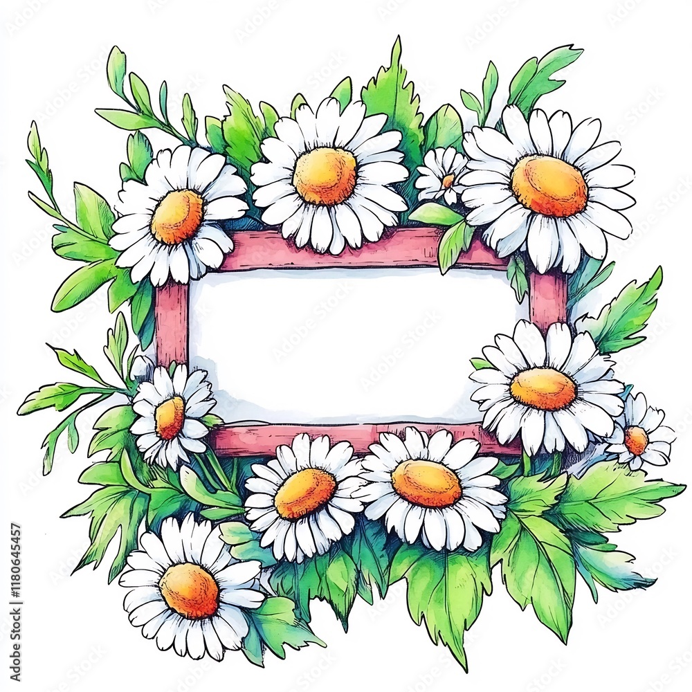 Fototapeta premium Vibrant Hand-Drawn Daisy Frame Illustration: Charming Floral Border Design. AI Generated
