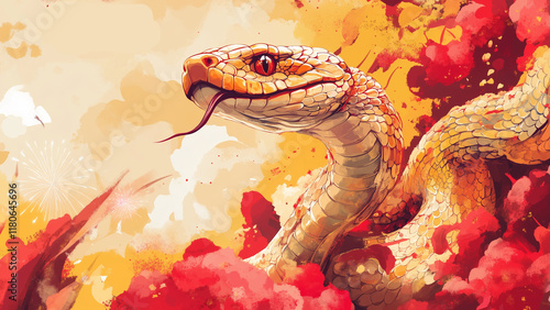 Chinese new year snake illustration background, Year of the Snake Design Painting Watercolor, Chinese New Year Banner photo