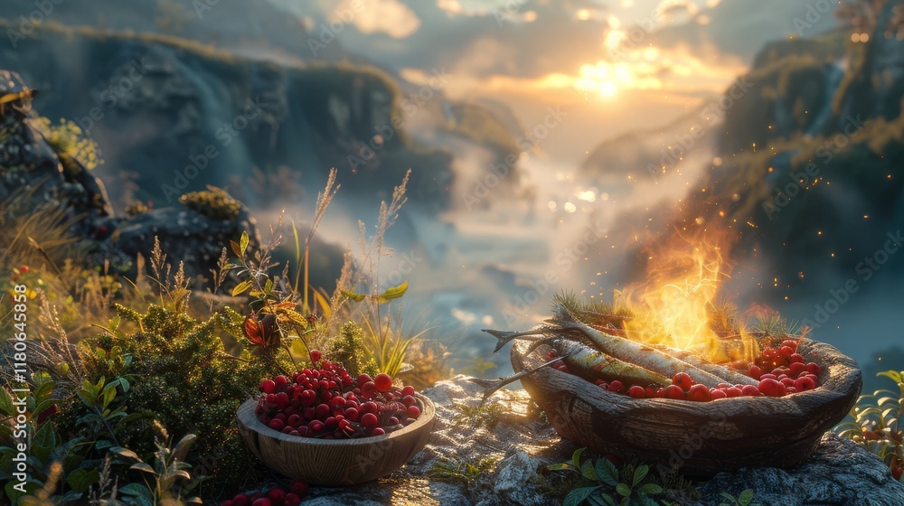 a stick with skewered fish roasting over a fire, a pile of wild herbs, and a small wooden bowl of berries a stick with skewered fish roasting over a fire, a pile of wild herbs, and a small wooden bowl of berries