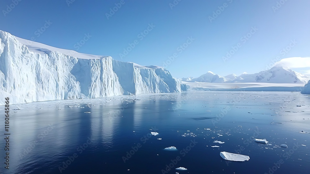A large body of water with ice floating on top A large body of water with ice floating on top