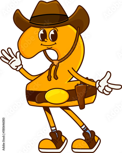 Groovy cartoon math number 2 character as cowboy or Western bandit, vector personage. Funny groovy number Two 2 as Texas ranger in cowboy hat with gun and funky face as Wild West ranger character