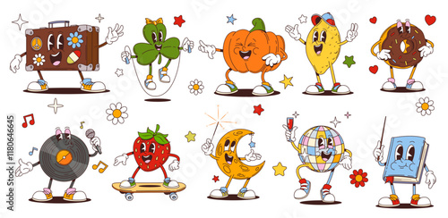 Retro cartoon groovy characters and comic funny emoji, vector funny funky personages. Groovy pumpkin and donut dessert with disco ball and strawberry hipster on skateboard and happy 70s vinyl disc