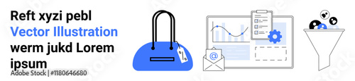 Blue handbag with a tag, envelope, bar chart on monitor, documents, pie chart, funnel with users being filtered. Ideal for business, marketing, e-commerce data analysis shopping communication