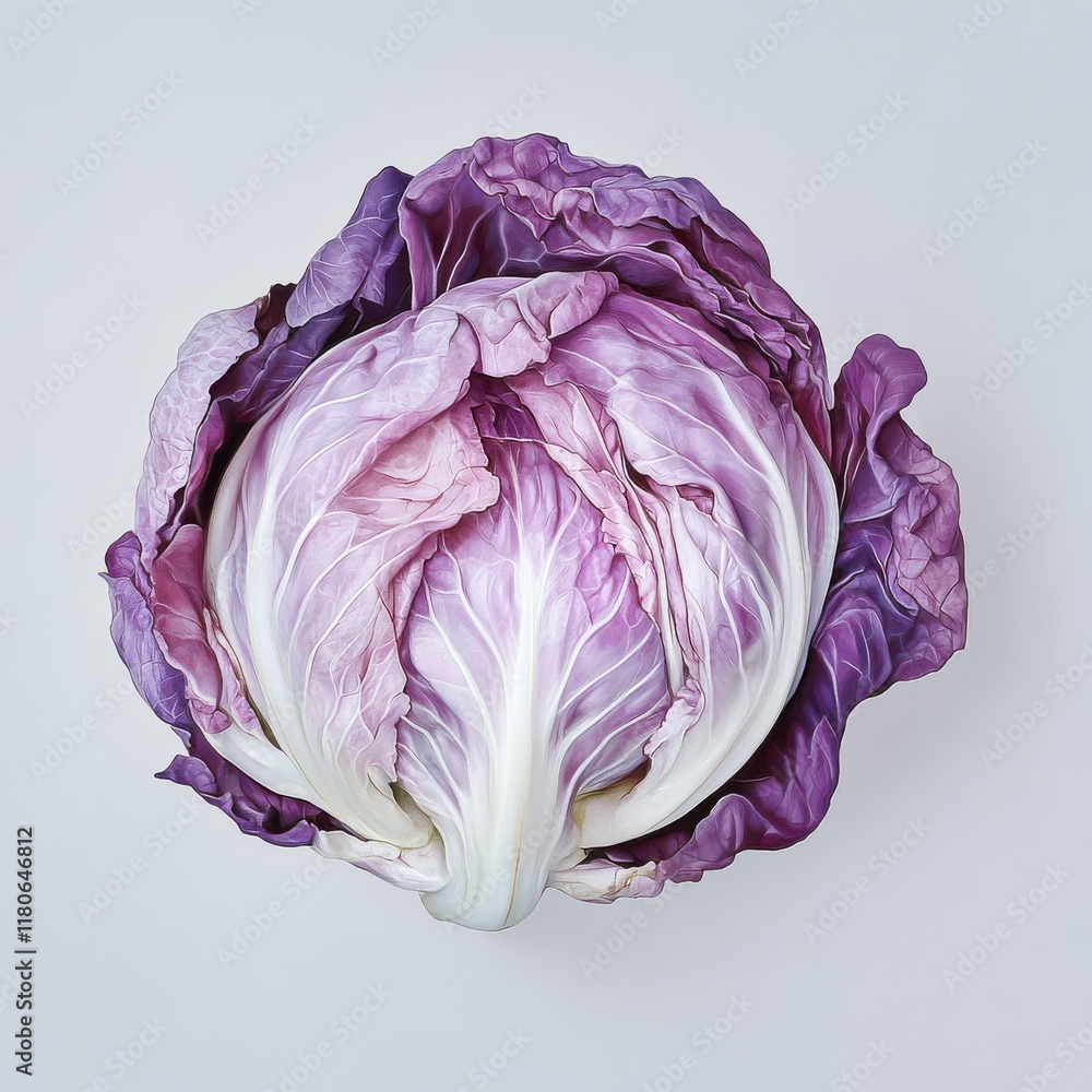 Obraz premium Fresh and Vibrant Purple Cabbage on Neutral Background, Showcasing Its Natural Curves and Textures in High-Quality Close-Up for Culinary and Health Concepts