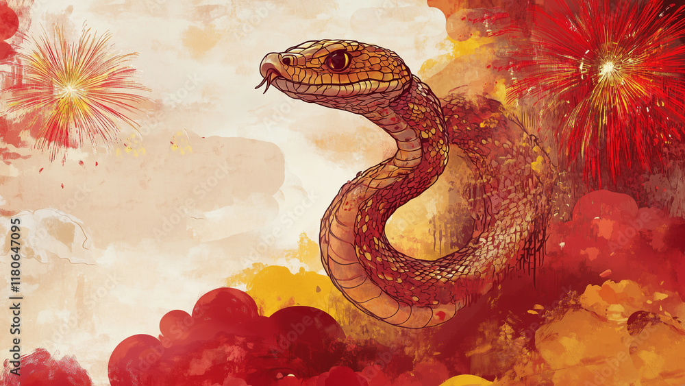 Obraz premium Chinese new year snake illustration background, Year of the Snake Design Painting Watercolor, Chinese New Year Banner