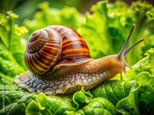 Grape Snail Eating Lettuce - Close Up Macro Photography of Gastropoda on Green Salad photo