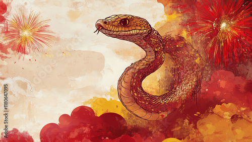 Chinese new year snake illustration background, Year of the Snake Design Painting Watercolor, Chinese New Year Banner photo