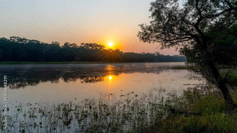 Serene Sunset Tranquil Lake Trees Golden Hour Reflection Serene Sunset Tranquil Lake Trees Golden Hour Reflection